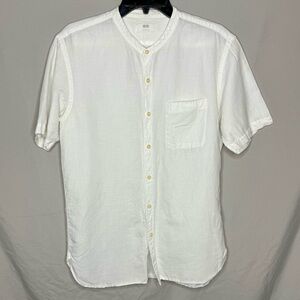 Uniqlo White Short Sleeve Button-Down Shirt Mandarin Collar